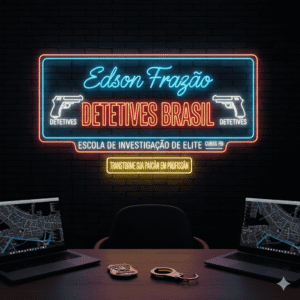 Painel de neon em uma parede de tijolos pretos com os dizeres 'Detetives Brasil - Edson Frazão - Escola de Investigação de Elite - FBI'. Abaixo, uma mesa de madeira com dois notebooks exibindo mapas táticos de monitoramento, algemas e um distintivo profissional ao centro