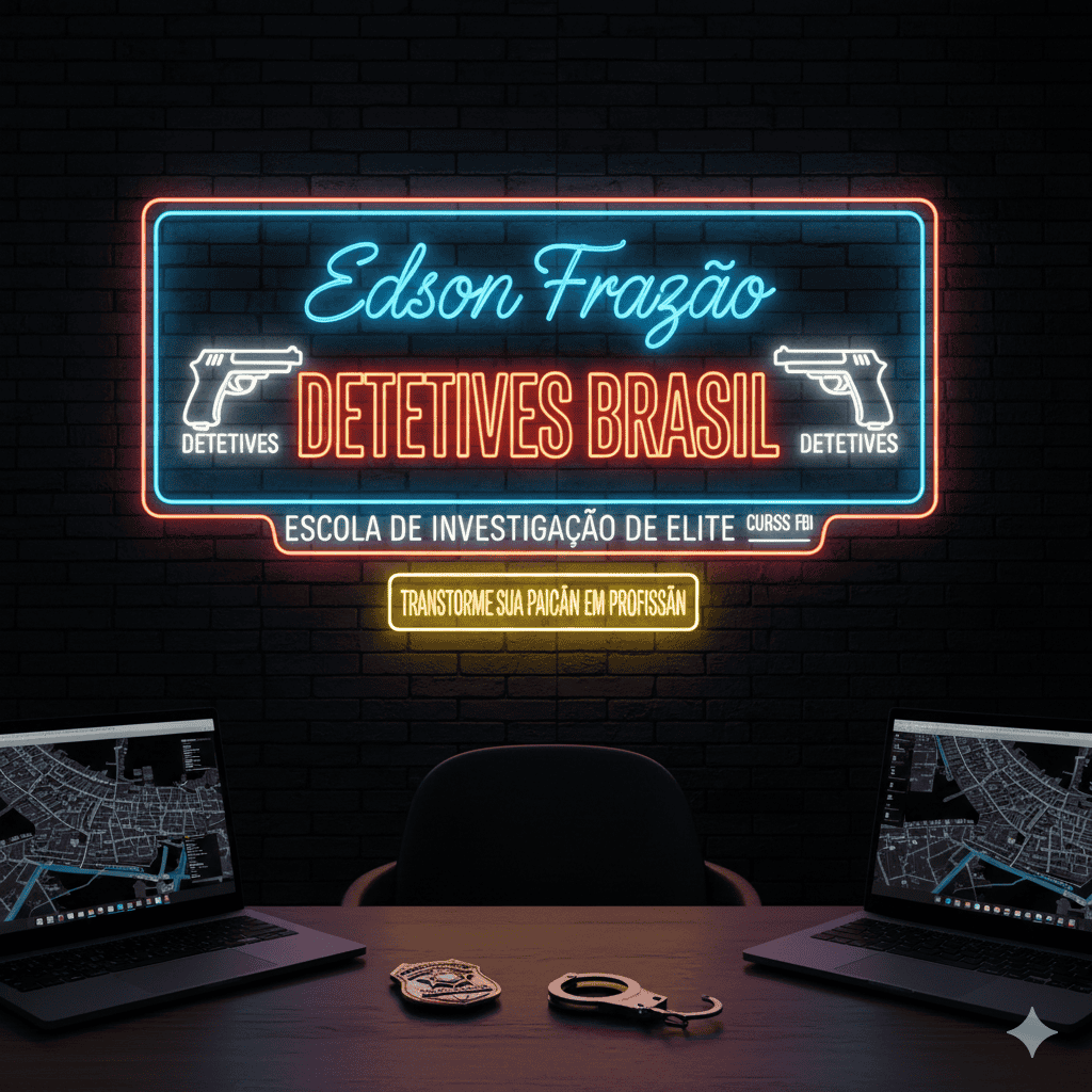 Painel de neon em uma parede de tijolos pretos com os dizeres 'Detetives Brasil - Edson Frazão - Escola de Investigação de Elite - FBI'. Abaixo, uma mesa de madeira com dois notebooks exibindo mapas táticos de monitoramento, algemas e um distintivo profissional ao centro