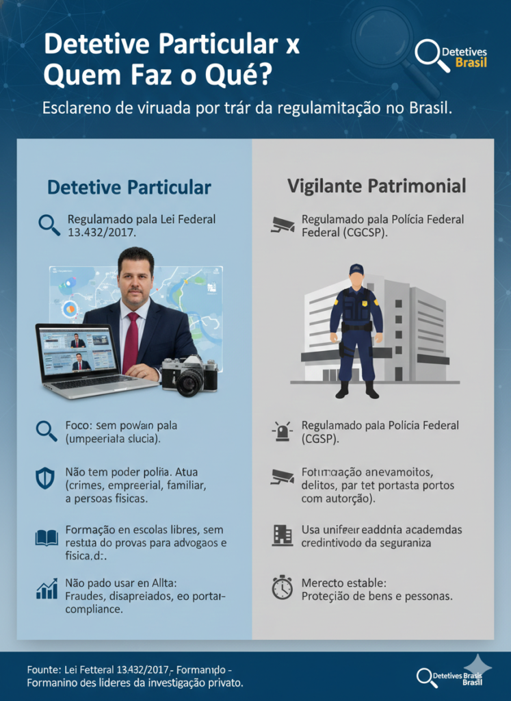 Curso de Detetive Particular Reconhecido pela Polícia Federal: Mito ou Verdade?Curso 2026 1 "Infográfico comparativo entre a profissão de Detetive Particular e Vigilante Patrimonial, apresentando o Detetive Edson Frazão e os detalhes da Lei Federal 13.432/2017."