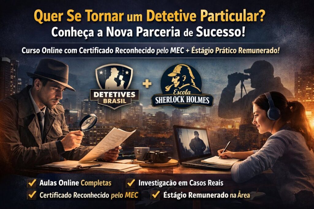 Curso de Detetive Particular como se tornar investigador: Detetives Brasil e 007 anuncia parceria com a Escola Sherlock Holmes e amplia formação profissional 1 Curso de detetive particular como se tornar investigador: Detetives Brasil e 007 anunciam parceria com a Escola Sherlock Holmes e ampliam formação profissional