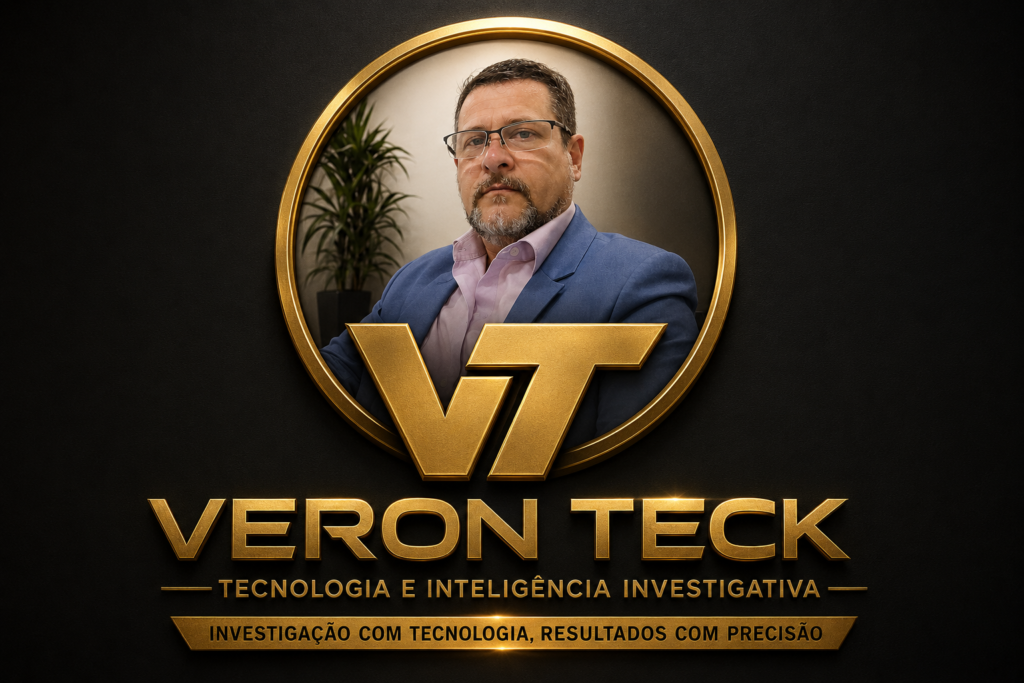 Logo daDetetives Brasil e Veron Teck em dourado com retrato do investigador Edson Frazão, empresa parceira da Detetives Brasil especializada em tecnologia forense, inteligência digital e investigação particular.