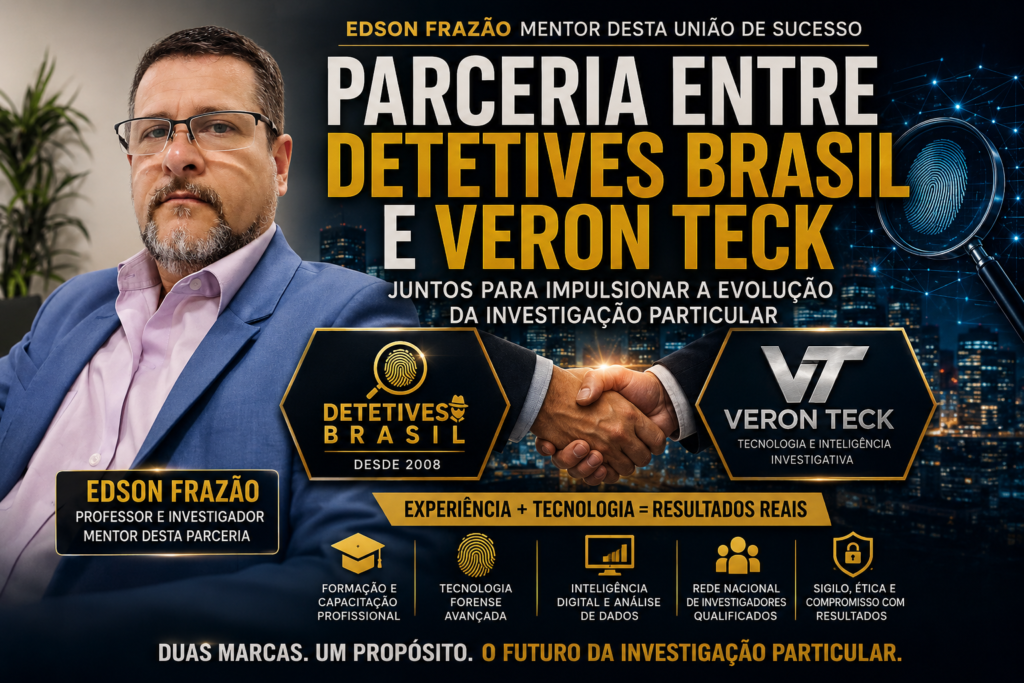 Logo dourado da Veron Teck com fotografia de Cristian integrada ao símbolo VT, representando tecnologia forense, inteligência investigativa e inovação na investigação particular.