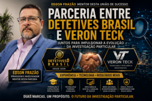 Logo dourado da Veron Teck com fotografia de Cristian integrada ao símbolo VT, representando tecnologia forense, inteligência investigativa e inovação na investigação particular.