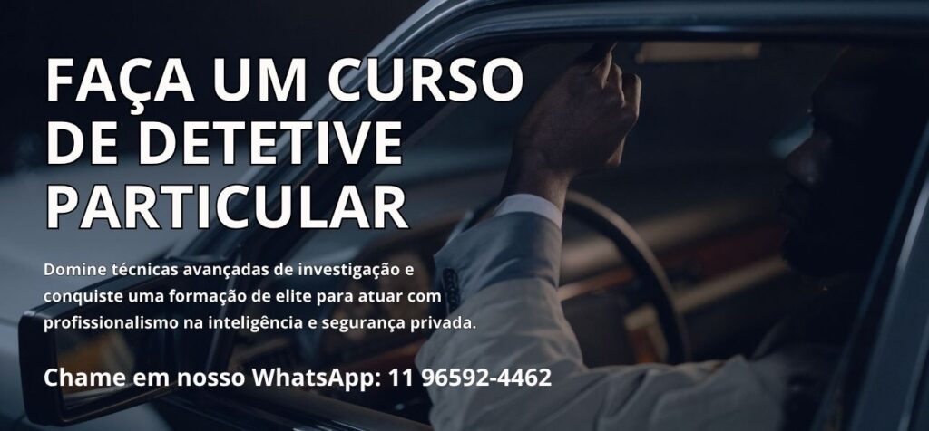 Curso de Detetive Particular Online com certificado, mostrando investigador realizando vigilância em veículo. Formação profissional em investigação privada com contato para matrícula via WhatsApp.